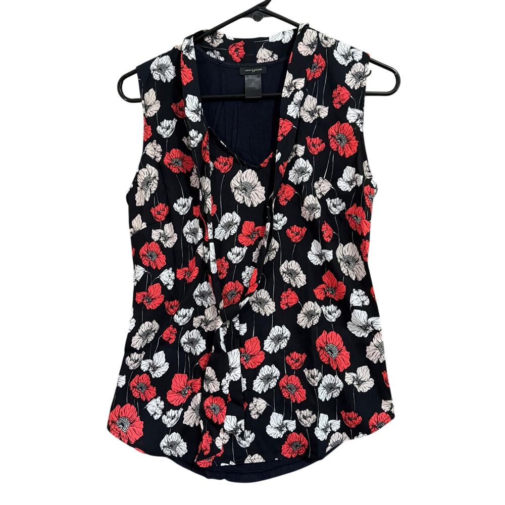 Ann Taylor Womens Blouse Navy Blue Multicolored Floral Sleeveless V Neck XS